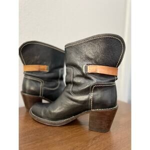 Carmen Shortie Black Leather Ankle Boots Block Heel Moto Strap size 8.5